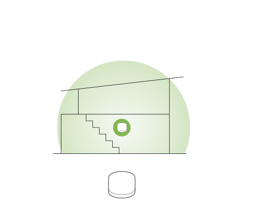 Illustrasjon av en liten bolig med ett enkelt wifi-punkt markert med en grønn sirkel plassert sentralt i boligen.