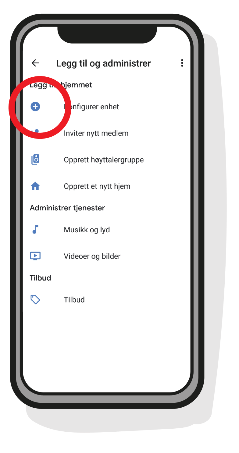 Skjermbilde fra Google Home-appen hvor "Konfigurer enhet" er markert