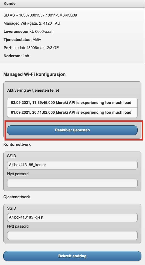 Screenshot fra Mobileprov som viser knappevalg Reaktiver tjenesten, uthevet i rød boks