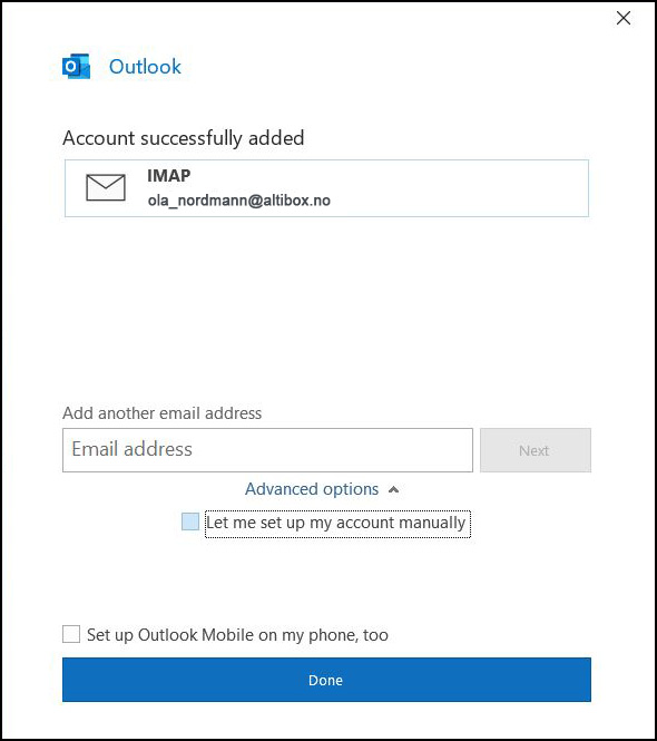 vellykket oppsett av altibox imap smtp epost i Microsoft Outlook