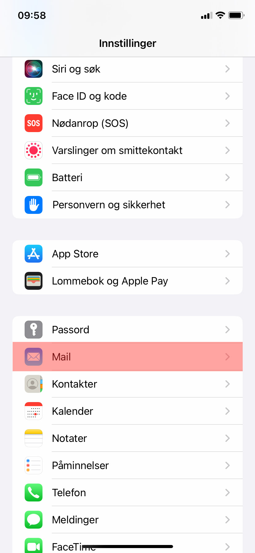 Velg først "Mail"-alternativet i Innstillinger